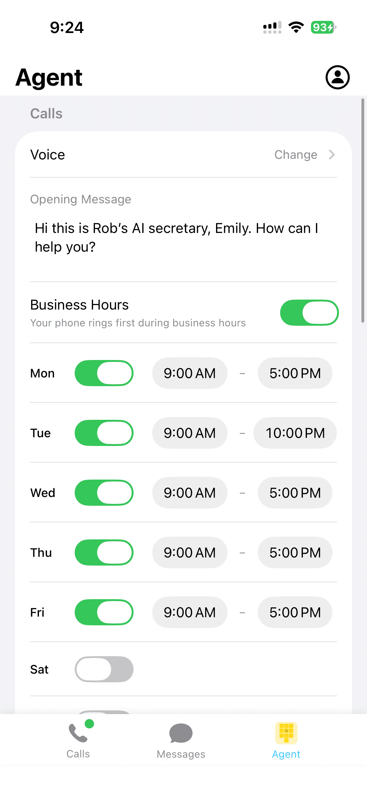 Agent settings with voice, business hours, and opening message
